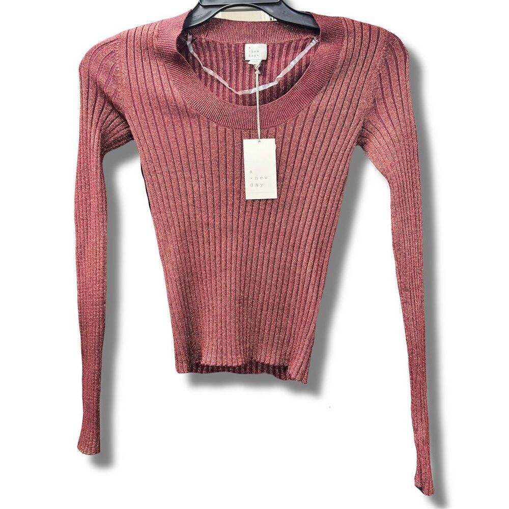 A New Day Women's XS Red Ribbed Metallic Pullover Sweater Long Sleeve